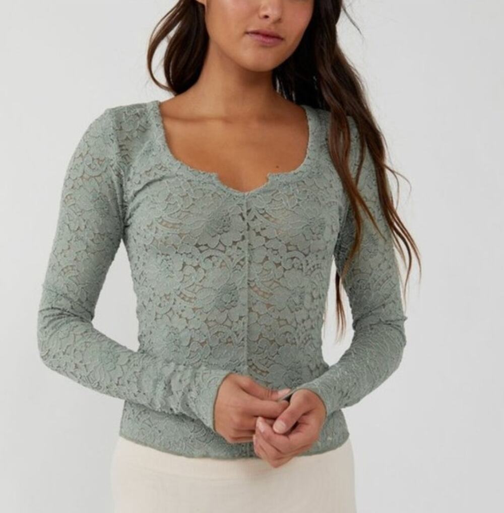 Free People Cloud Ride Lace Blouse L Sea Grass Boho Romantic Festival Feminine